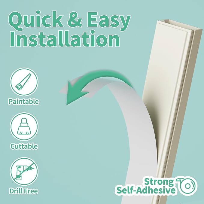 Delamu Cord Hider, 100in Self-Adhesive Cord Cover Kit for Wall Mounted TV, Paintable Wire Hider, Flexible Cable Management System, Cable Raceway Conceals 2-3 Wires, W0.95 H0.55in, Beige