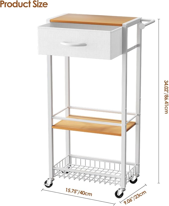 Lewondr Bathroom Organizer and Storage Cart with Drawer, 3-Tier Narrow Rolling Utility Cart with Wood Top and Wheels for Small Spaces, Laundry, White