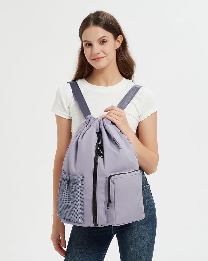 WANDF Drawstring Backpack with Shoe Compartment, Sports Gym Bag | Multi-Pocket Storage, Water-Resistant Fabric, Cinch String Bag
