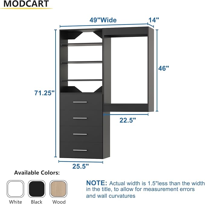 Modular Closet System, 49" Wide Organizer With Tower and Drawers, Wood Storage for Walk In Closets, Wall Mounted Wardrobe Kit, Bedroom, Black