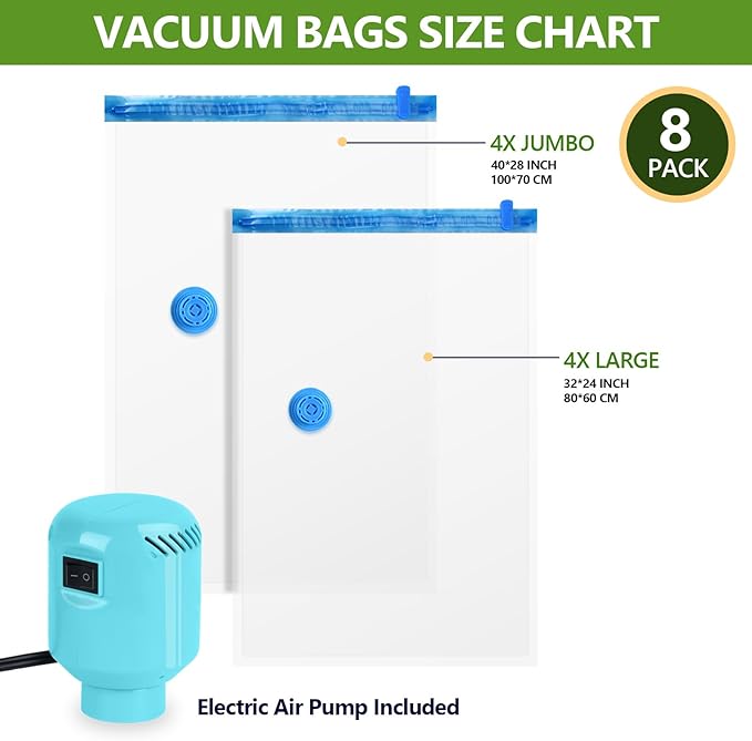 Vacuum Storage Bags with Electric Pump, 8 Pack (4 Jumbo 4 Large Vacuum Seal Bags for Clothing) Storage Bags Vacuum Sealed Bags for Travel, Luggage, Bedding, Blankets