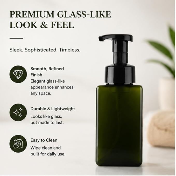 TMLECE 15oz/450ml Square Glass Style Foaming Soap Dispenser Bottles(4 Pack) | BPA-Free PETG, Rich Lather Foam Pump, Leak-Proof Pumps for Hand Soap, Dish Soap & Body Wash, Green