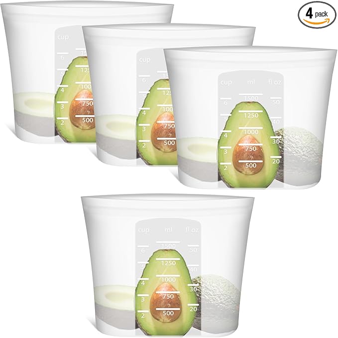 Large Reusable Food Bags 4 Pack, 1.5 Quart(50.7fl.oz) 100% Silicone Storage Bags Stand Up Zip Silicone Food Container, Freezer Microwave Oven Dishwasher Safe, Translucent