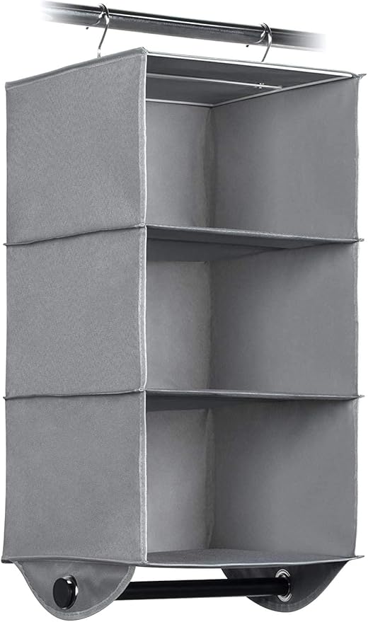 HOLDN’ STORAGE Hanging Closet Organizer with Garment Rod – Heavy Duty 3-Shelf Hanging Shelves for Clothes, Sweaters & Shoes, Reinforced 600D Fabric Storage Unit with Built-in Clothing Rod, Grey