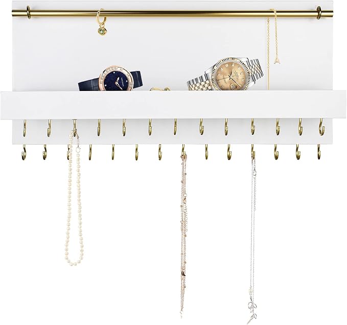 SANY DAYO HOME 27 Hooks Wall Mounted Necklace Holder 14 x 6 inch Hanging Rustic Wooden Jewelry Organizer with Removable Bracelet Rod and Shelf for Kids, Girls, Women - Ivory White