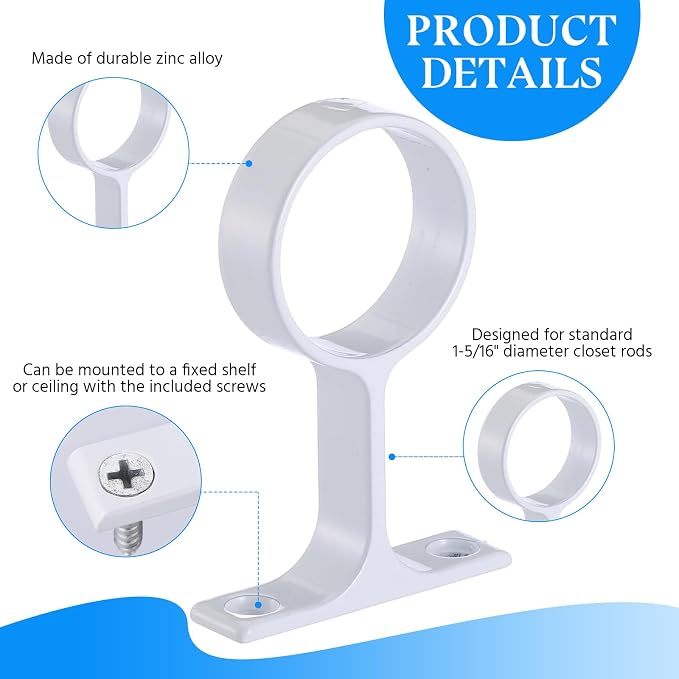 LEIFIDE 4 Pcs 1 5/16 Inch Diameter Round Wardrobe Closet Rod Suspended Center Support with Installation Screws Curtain Closet Rod Ceiling Mount Bracket for Home Wardrobe (White)