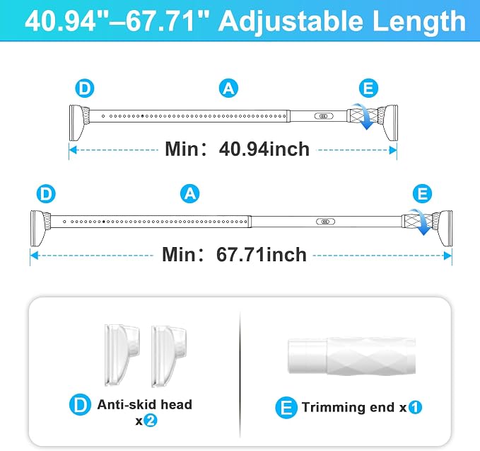 Closet Rods For Hanging Clothes,41-67 In Extra Long Tension Rod For Closet,Adjustable Rod Without Drilling 33lb Heavy Duty Closet Rods Diameter 1.26in-One-Bond Stretching,White