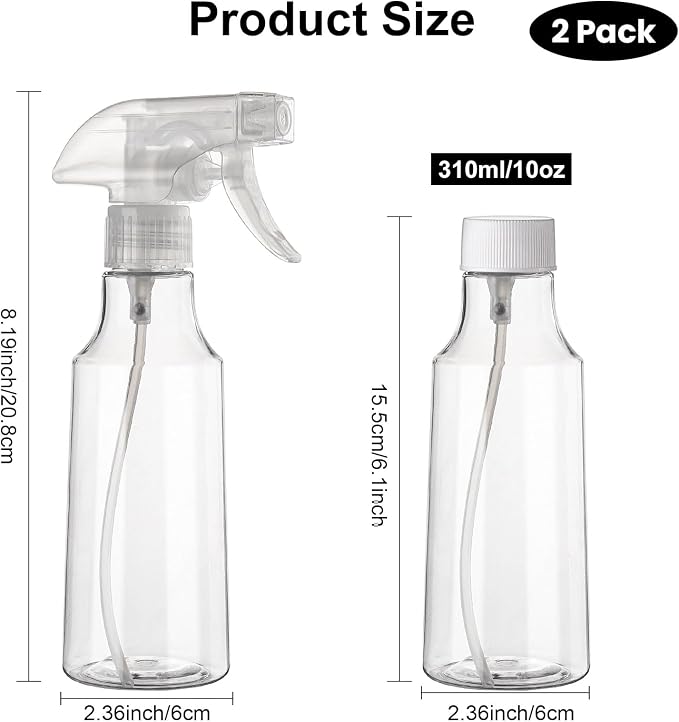 2 Pack 360° Reverse Plastic Spray Bottles 10oz/310ml Empty Spray Bottle Adjustable Nozzle Fine Mist Spray Bottle for Hair Cleaning Solutions Cooking Plant Essential Oils(Clear)