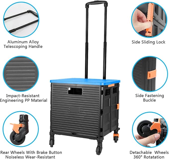 FELICON SELORSS Foldable Utility Cart Folding Portable Rolling Crate Handcart with Heavy Duty Telescoping Handle Collapsible 4 Rotate Wheels for Travel Shopping Move Luggage Office Use(Black+Blue)