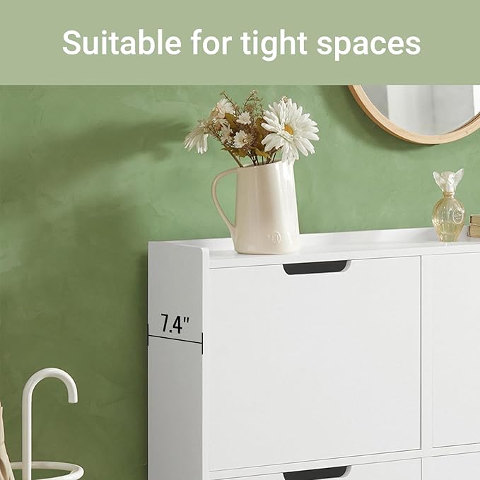 Haotian Ultra Thin Shoe Cabinet with 4 Flip-Drawers | Narrow Enclosed Shoe Rack, Slim Shoe Storage Organzier Entryway, White, FSR100-W