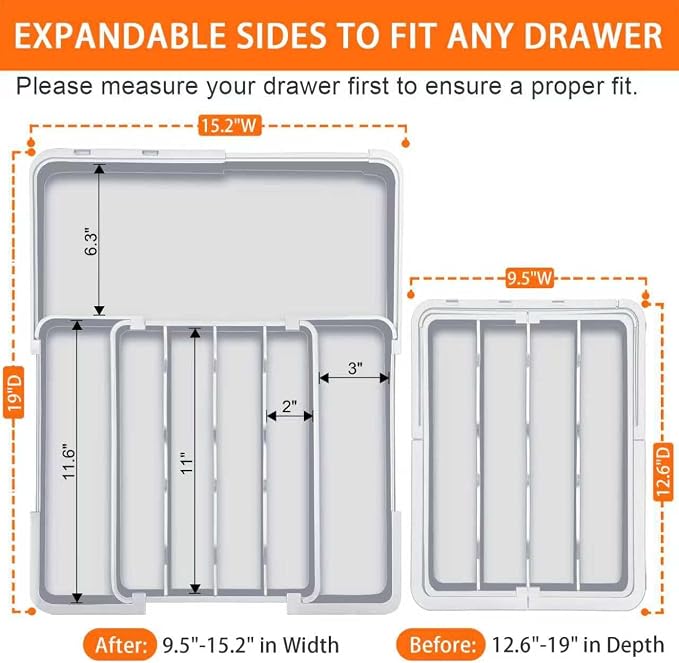 Spaclear Silverware Drawer Organizer Tray, Adjustable Cutlery Storage for Kitchen, Expandable Flatware and Utensil Holder Divider for Spoons Forks Knives Tableware, 15 x 19, 4-7 Slots, Gray