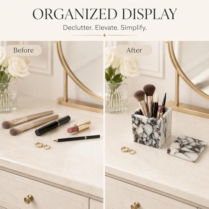 Natural Marble Square Storage Box with Lid, 3.94 in | A small lidded natural marble box that turns jewelry, cotton swabs, and hair ties into a polished vanity display.