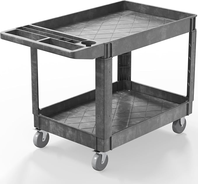 Plastic Utility Cart on Wheels, 45 x 25 Inch Rolling Service Cart-Gray | 2 Shelf Work Carts, 500 lbs Capacity Heavy Duty Tool Cart W/Tub Storage & Deep Shelve, for Warehouse, Garage, Cleaning