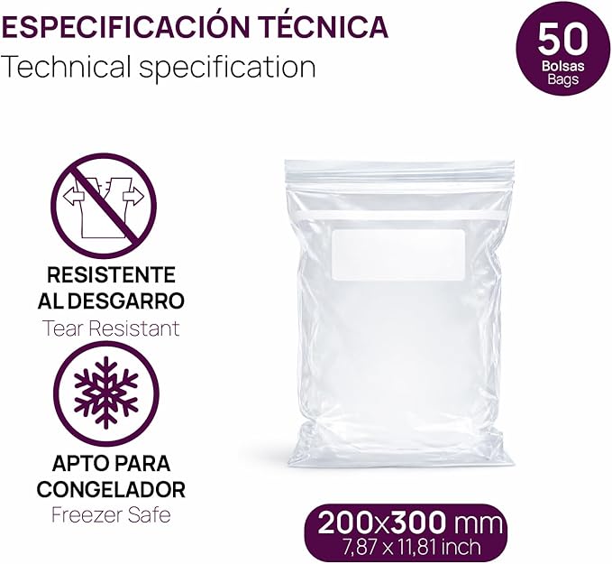 Ofituria Transparent Zip Bags 200 x 300 mm with Airtight Seal, Zip Bags for Food, Snacks, Freezing as well as Kitchen and Travel Organisation - Ofituria (50 Bags)