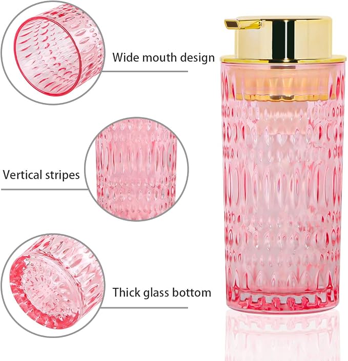 Foaming Soap Dispenser, Pink Glass Foam Soap Dispenser, 14 Oz Refillable Hand Soap Dispenser Pump Bottle Container for Bathroom Kitchen Countertop Decor