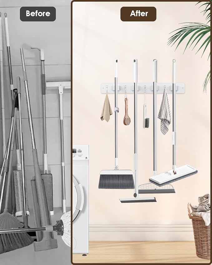 AceMining White Broom Holder Wall Mount, 4 Holders 4 Hooks Mop Holder | Mop Holder Wall Mount and Broom Hanger for Garage, Laundry Room, Kitchen and Utility Storage