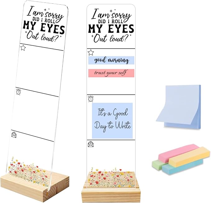 Sticky Note Holder, Monitor Memo Board, Acrylic Post It Note Holder with Wooden Base, Includes 200 Notes, Desk Organizer Sassy Eye Roll Quote