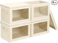 Homsorout Storage Boxes with Lids - 4 Pack Fabric Clear Window Storage Bins, Large Decorative Storage Bins with Handles, Linen Closet Organizer for Clothes, Towel, Blanket, Beige