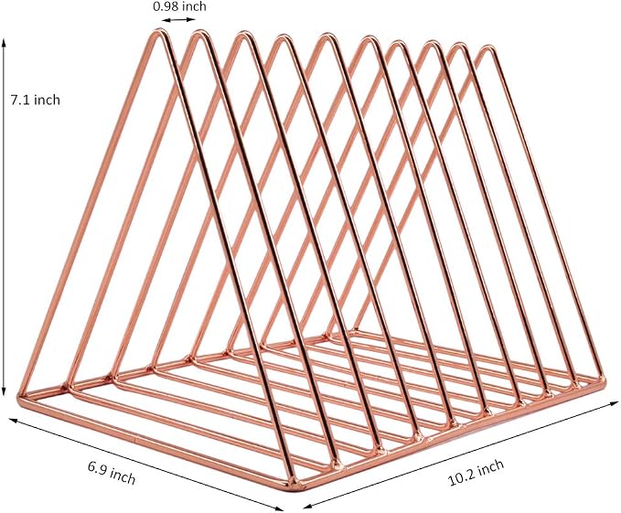 EASEPRES 9 Slot Magazine Rack Book Record Holder, Desktop Iron Storage Rack Bookshelf Multifunction Triangle File Organizer Sorter for Decor Home Office, Rose Gold Pack of 2