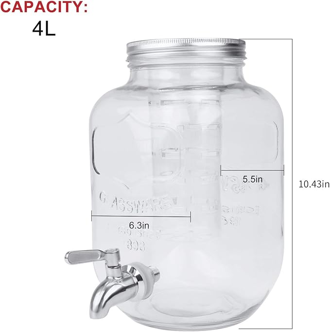 Beverage Dispenser Mason Jar with Lid Leak free 1 Gallon, Entertainment Glassware for Water, Juice, Cold Drinks & More
