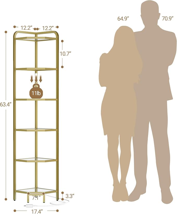 Hzuaneri Corner Shelf with LED Lighting, 6-Tier Glass Bookshelf | Steel Frame, Tempered Glass, Modern Style Corner Shelf, Suitable for Living Rooms, Bedrooms and Games Rooms