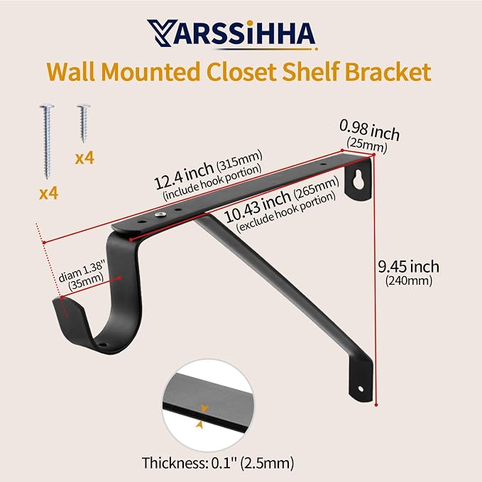 Yarssihha 2 Pack Adjustable Closet Rod Bracket, Wall Mounted Closet Shelf Bracket, Black Closet Rod Support Bracket with Screws