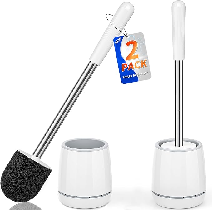 Toilet Brush, Toilet Brush and Holder with 304 Stainless Steel Handle, Space Saving Toilet Bowl Brush for Storage, Durable Bristles Toilet Scrubber for Bathroom Cleaning (2, White)