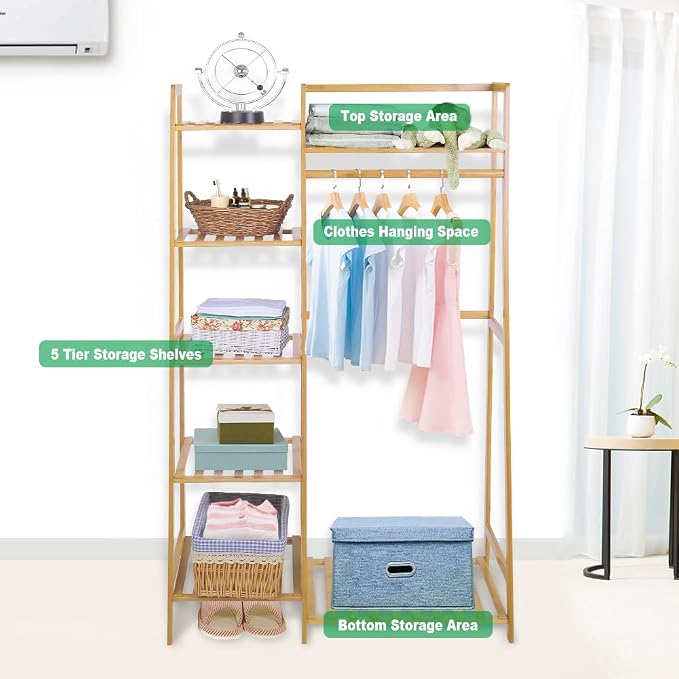 Ufine Bamboo Garment Rack with 7-Tier Storage Shelves & Hanging Rod | Portable Clothes Hanging Rack Minimalism Wardrobe Closet Organizer for Living Room