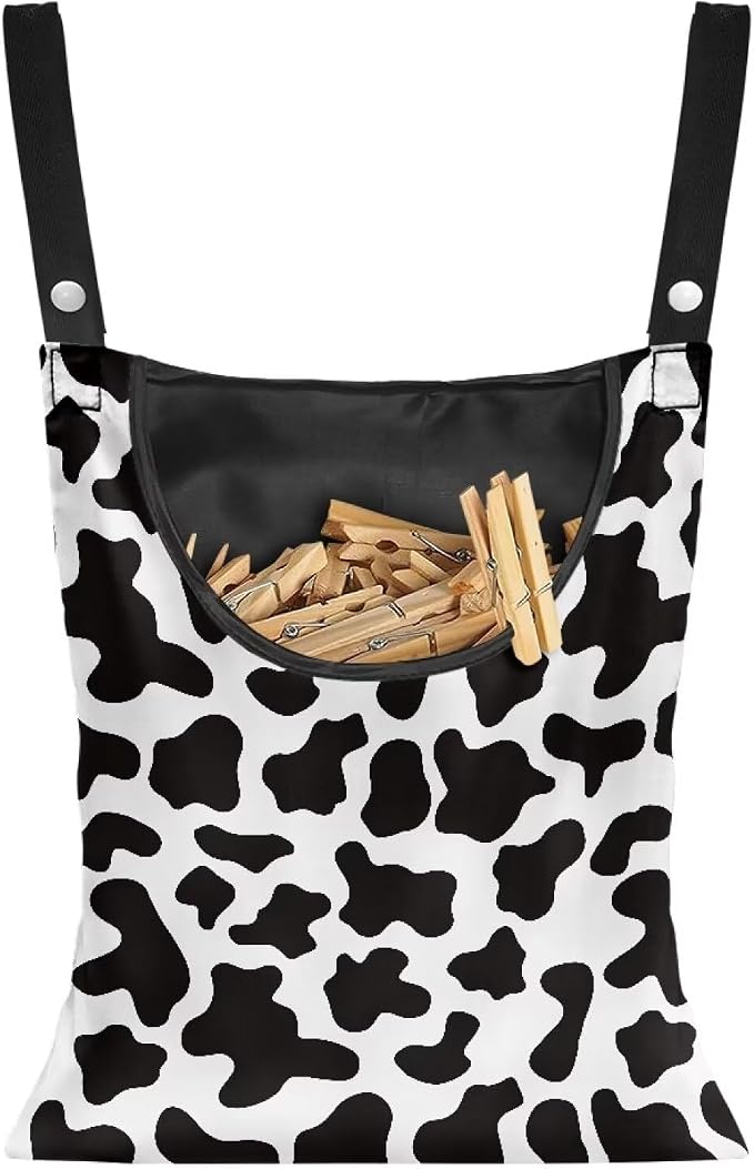 Milk Cow Print Clothespin Bag with Hanging Hook Summer Laundry Clothes Pin Holder Waterproof Clothes Pin Hanging Bag Clothespin Storage Organizer with Large Opening