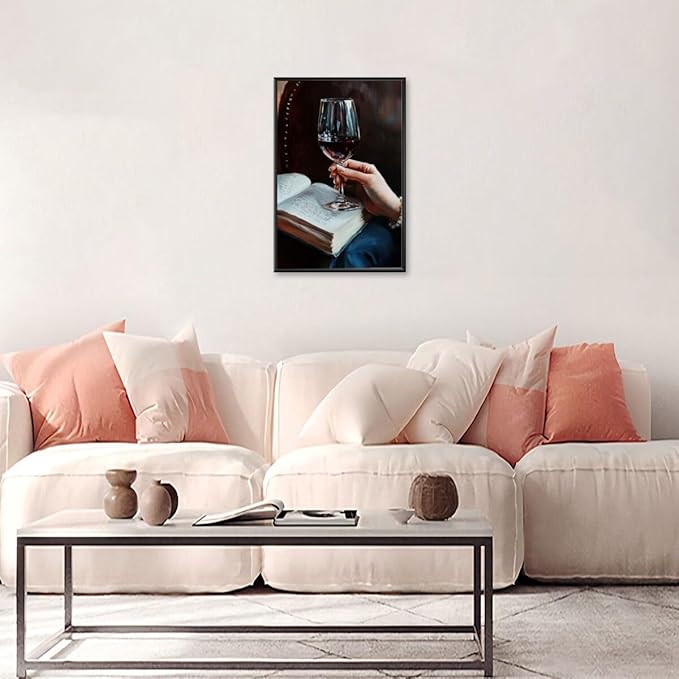 Wine and Book Girl Reading With Drink Art Aesthetic Poster Canvas Wall Art Decoration Living Room Home Decor Bedroom Decoration Poster black framed16x24inch