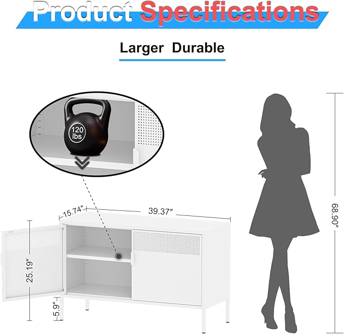 Washsemba 2 Door Storage Sideboard, Metal Storage Cabinet with 2 Adjustable Shelf,Multipurpose Metal Accent Cabinet for Office Home,Music Studio (White, 25''H)