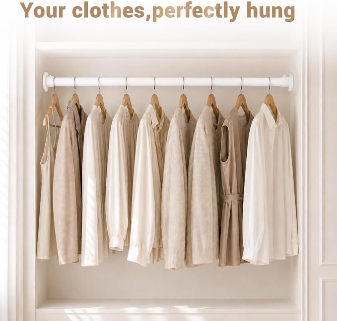 Closet Rod Adjustable 17-128”, Heavy Duty Hanging Clothes Rod, White | 1-1/4” Diameter, Stepless Metal Closet Bar, Wall-Mounted, For Hanging Clothes, Walk-In Closet, Wardrobes, Laundry Room, RV