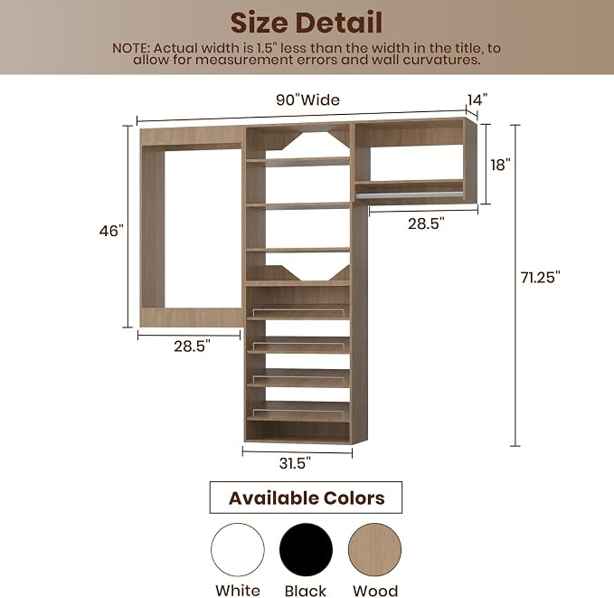 ROOMTEC Modular Closet System, 90" Wall Mounted Modern Closet Organizer with Hanging Rods and Shoe Shelf, Wooden Tower for Walk-In Closets, Wardrobe Storage Kit, Wood