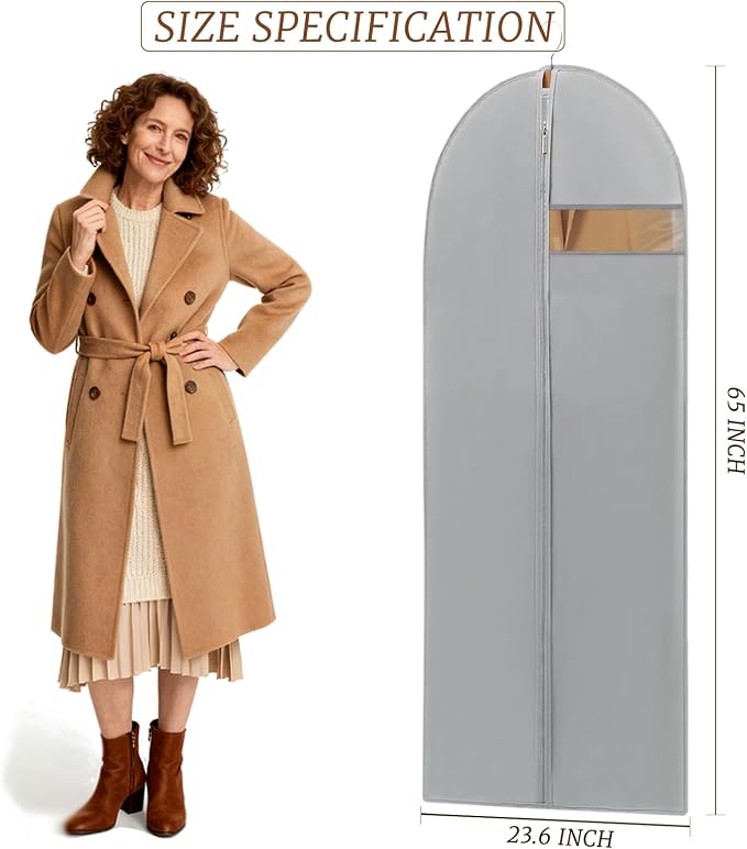 2 Pack 65" Long Dress Bags for Gowns, Dress Garment Bag for Hanging Clothes, Dress Cover with Clear Window for Dresses, Coats, Grey
