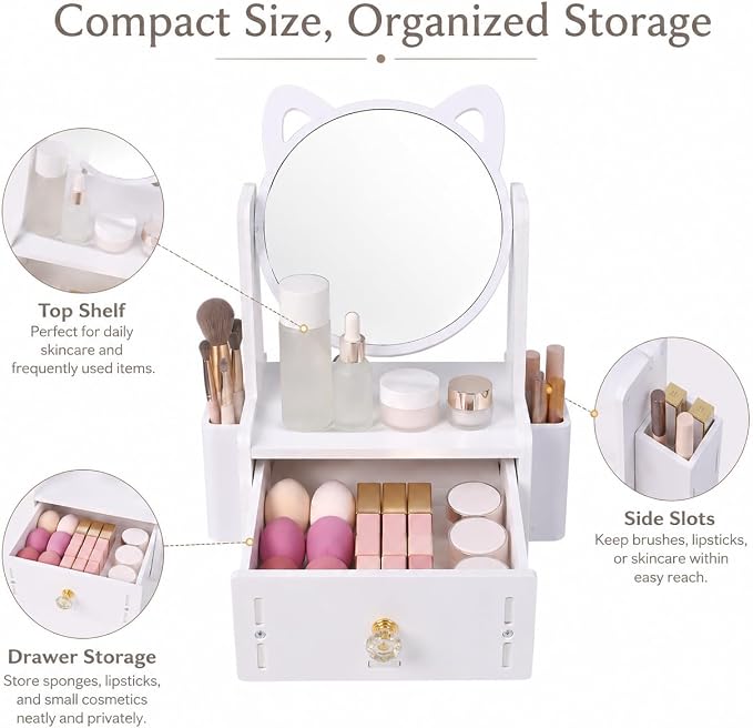 Desktop Makeup Mirror Organizer with Drawers, Compact Vanity Storage Box, Round Mirror, Cosmetic, Skincare and Jewelry