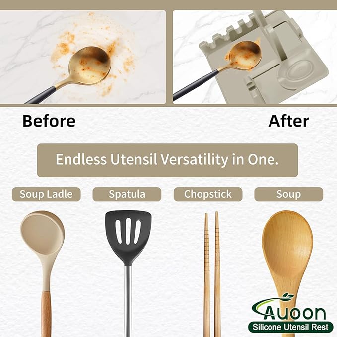 Auoon Silicone Spoon Rest with Lid Holder, 3-in-1 Kitchen Utensil Rest for Soup Ladles, Pot Lids, Spatulas, Spoons, Tongs, BPA Free & Dishwasher Safe, 8.26 x 8.06 Inch (Milk Shake, Large)