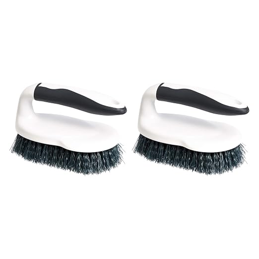 Amazon Basics All Purpose Rectangular Scrub Brush, Hard Bristle, Stiff Bristles, Sturdy, Ergonomic Long Handle, Durable, 2-Pack, White & Black