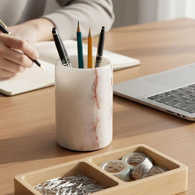 Radicaln Marble Pen Holder For Desk 4" Inches White Onyx Handmade Marker & Pen Holder for Desk Organizer, Ideal Marble Toothbrush Holder & Pencil Holder For Home Decor