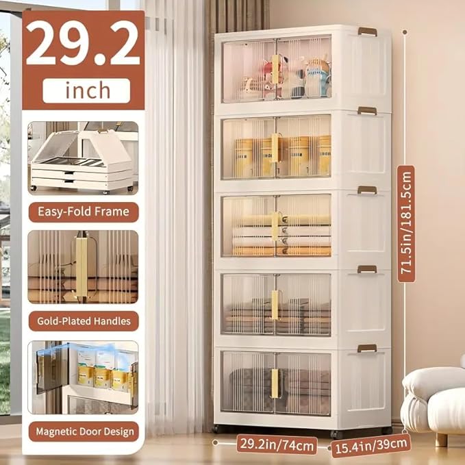 Storage Bins with Lids, 5 Tier 425 QT Stackable Plastic Storage Bins, Foldable Storages Boxes with Magnetic Doors and Wheels for Clothes, Snacks, Books, Folding Containers for Home Office