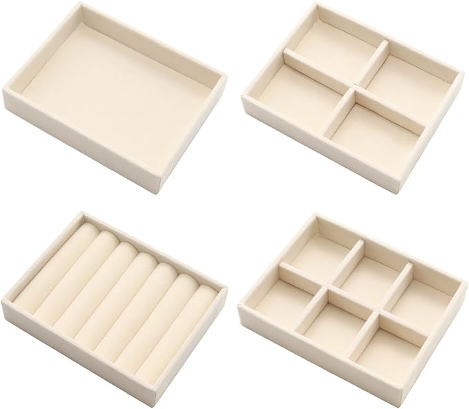 Small Jewelry Tray Set 4 Pcs Beige Velvet Stackable Jewelry Organizer Tray Mini Jewelry Drawer Organizer for Necklace Ring Earrings Jewelry (4 Styles)
