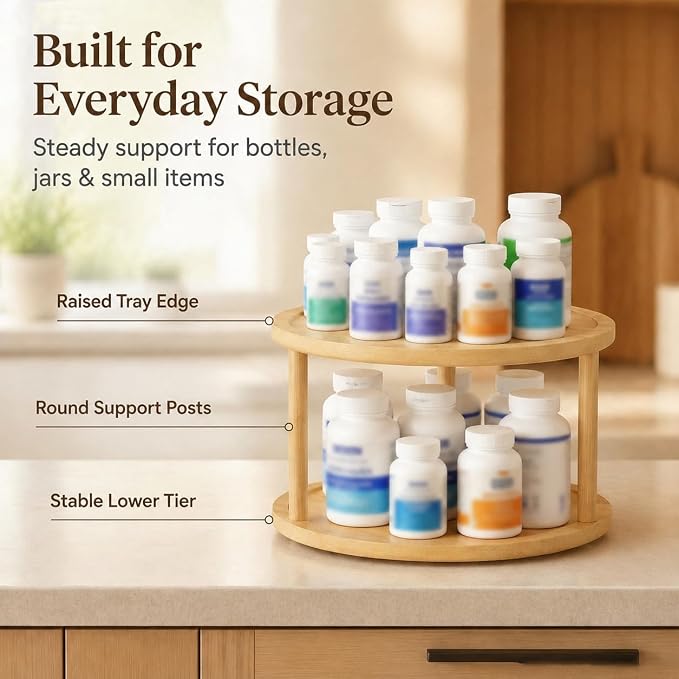 2 Tier Wooden Lazy Susan Organizer, 360 Degree Rotating Medicine Cabinet Turntable for Bathroom, Kitchen Cupboard, Countertop, Pantry and Spice Bottle Storage