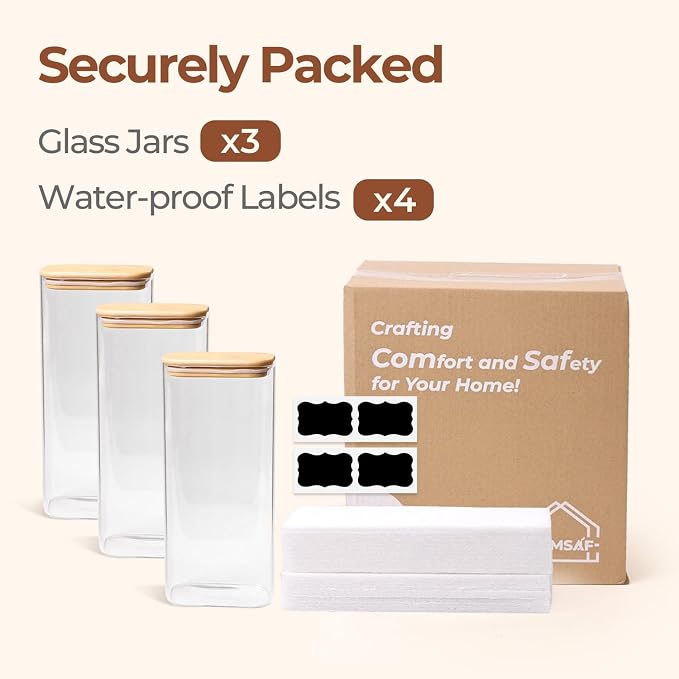 ComSaf Glass Storage Containers With Lids 2 Qt, Set of 3 Cereal Containers | Rectangle Pantry Storage Container, Jar With Bamboo Lid, Glass Cereal Dispenser, Kitchen Storage Flour, Sugar, 64oz, BPA Free