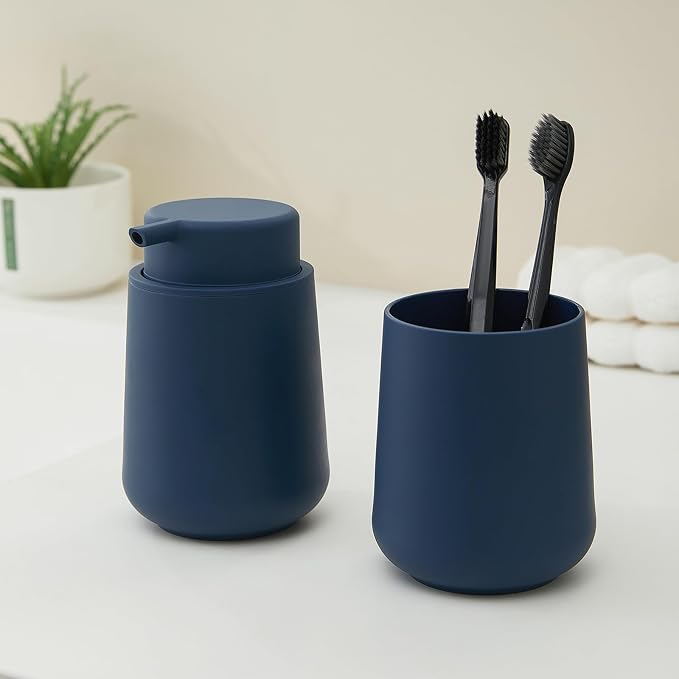 YAUKPH Matte Navy Blue Foaming Hand Soap Dispenser Plastic 11 oz - Modern Minimalist Style for Bathroom & Kitchen Countertop Refillable