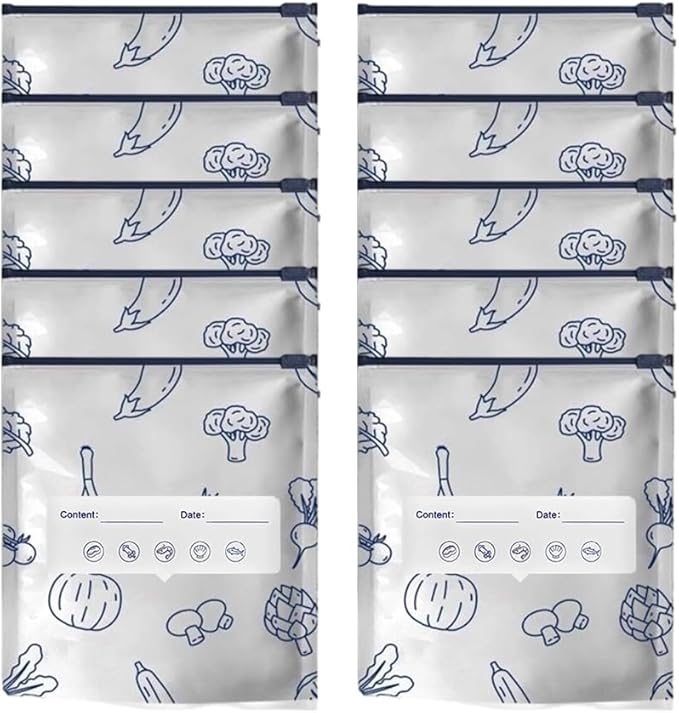 Reusable Aluminum Foil Sealable Storage Bags, Vacuum Zipper Pouches with Label and Stand Up Bottom Design, Leakproof Durable Food Storage Bags for Vegetables Fruits Meat (10, Medium)