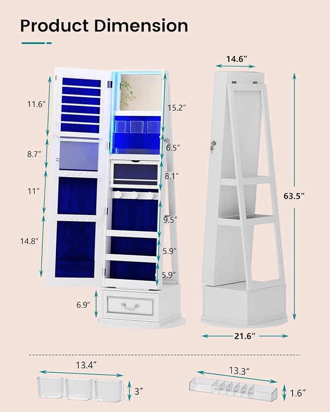 Vlsrka Mirror Jewelry Cabinet Standing with Lights, Lockable, Swivel, White | Standing Jewelry Armoire with Full Length Mirror, Large Jewelry Organizer Storage with Foldable Makeup Shelf, 3 LED Lights