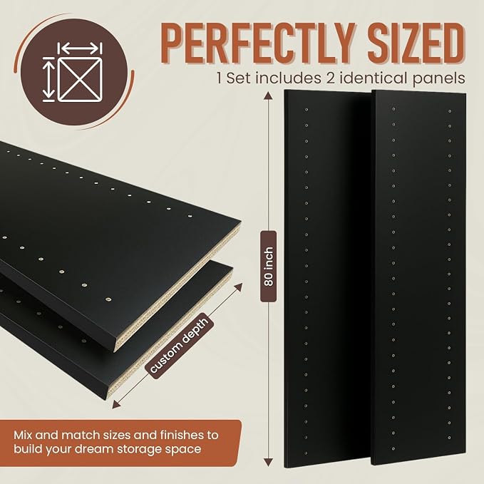B&B HARDWARE Closet Evolution Classic Vertical Panels Up to 80 Inch – Pre-Drilled Organizer Units – Scratch Resistant Laminate, Compatible with Closet Systems & Accessories (Black, Pack of 2)