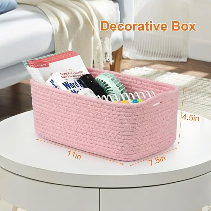 Small Storage Baskets for Organizing, Woven Storage Bins for Shelves, Gift Basket Empty, Cute Decorative Closet Organizer, Baby Rope Basket, Dog Toy Storage, 11x7.5x4.5”, 3Packs Pink