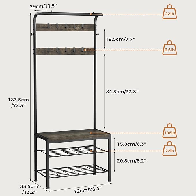 Hall Tree with Bench and Shoe Storage, 4-in-1 Entryway Organizer with 10 Hooks and Storage Shelf,Coat Rack Freestanding with 2-Tier Storage Shelf for Living Room, Bedroom Gray