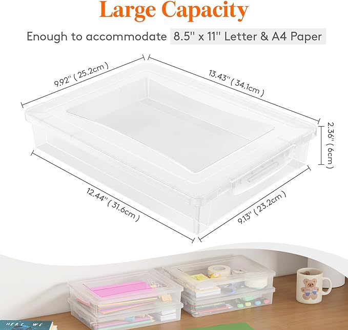 Lifewit 6 Pack Plastic Multi-Purpose Storage Box with Latching Lids, Clear A4 Paper Storage, Classroom Organization, Storage Containers for Board Game, Craft, Document, Magazine, Art Supplies