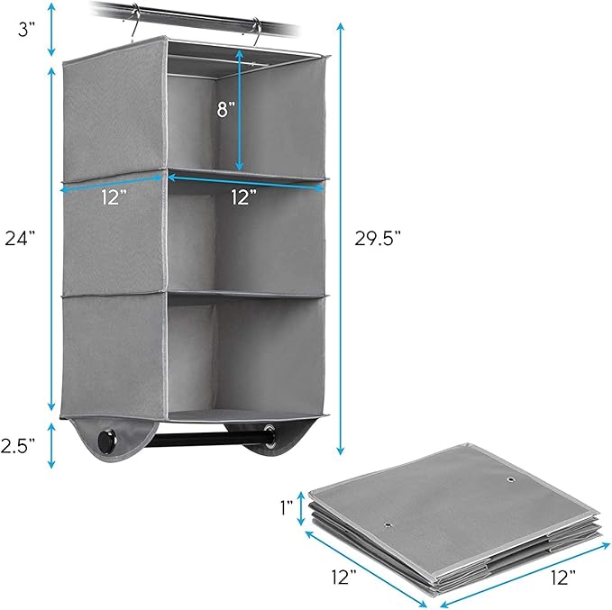 HOLDN’ STORAGE Hanging Closet Organizer with Garment Rod – Heavy Duty 3-Shelf Hanging Shelves for Clothes, Sweaters & Shoes, Reinforced 600D Fabric Storage Unit with Built-in Clothing Rod, Grey